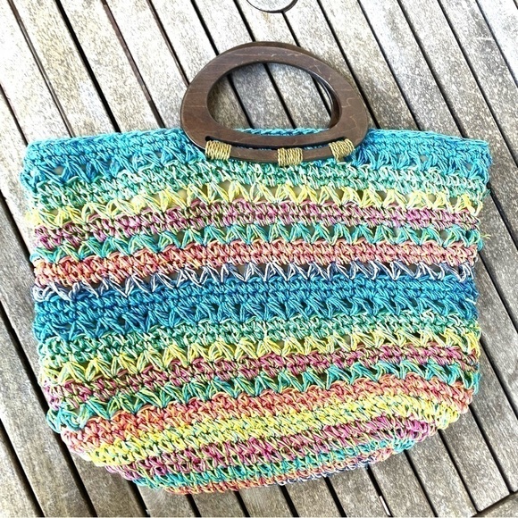 Chico's Straw Woven Multicolor Beach Tote Purse Lined Wood Handles - Picture 9 of 11